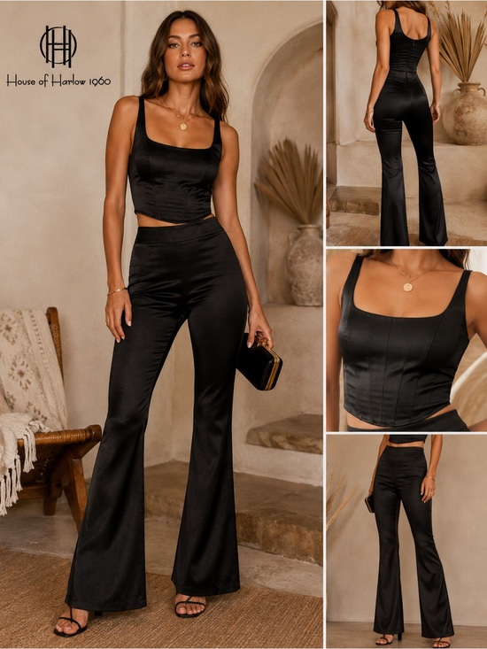 House of Harlow 1960 Pants - House of Harlow 1960 Black Satin Matching Set | Corset Crop & Pull-On Flare Sz M